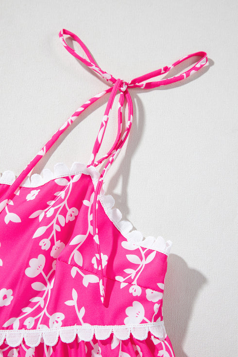 Pink Floral Print Ric Rac Patched Sleeveless Mini Dress